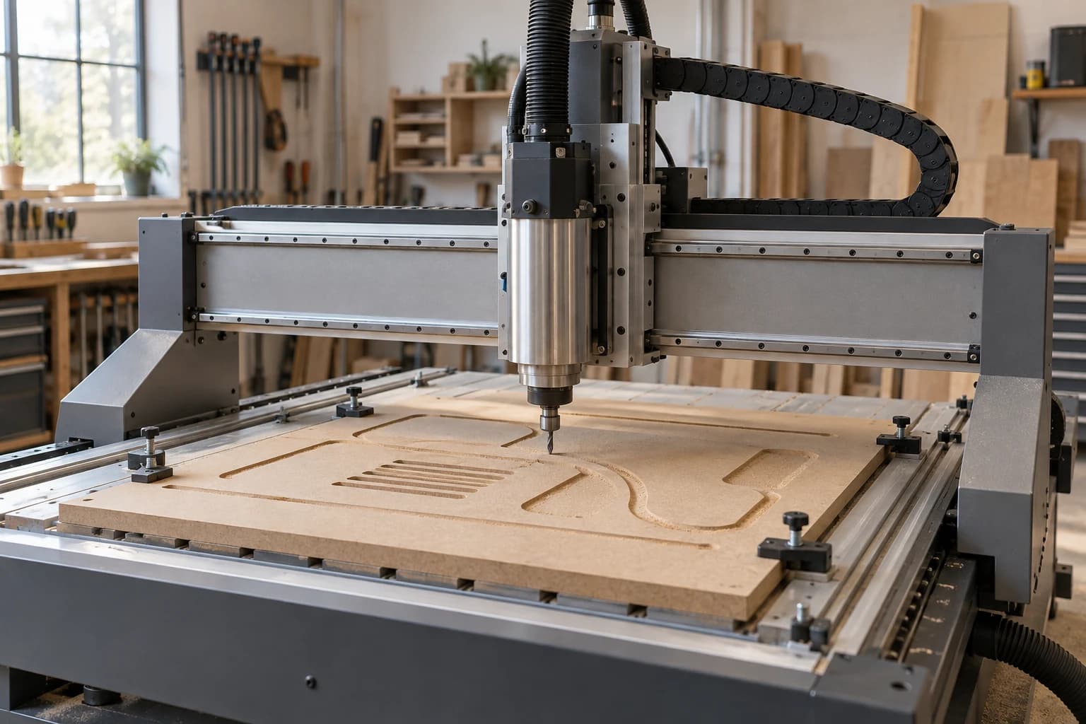 Fresadora CNC de tres ejes sin marca sobre un tablero de MDF