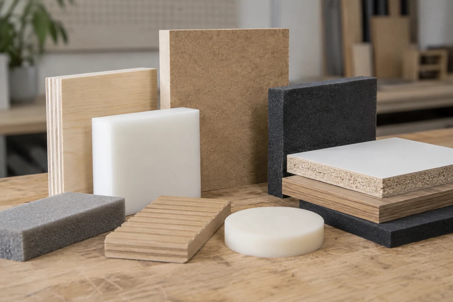 Muestras de tableros, plástico y espuma con distintas texturas