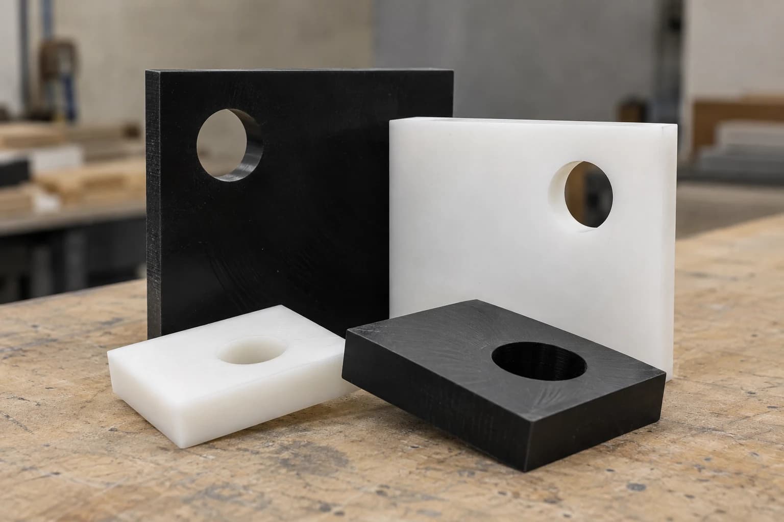 Piezas de plástico técnico blanco y negro con agujeros
