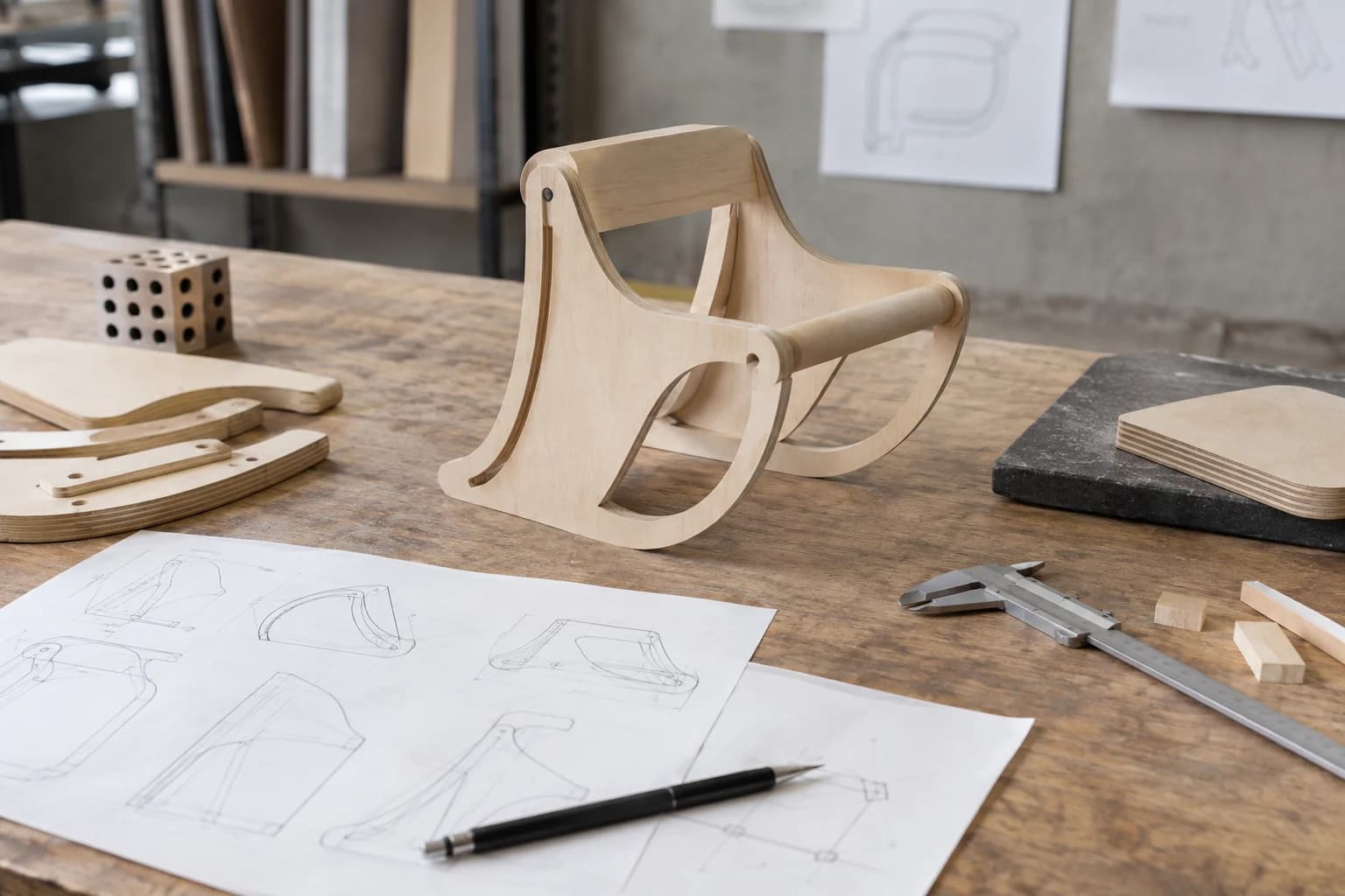 Prototipo de madera con planos, piezas sueltas y un calibre