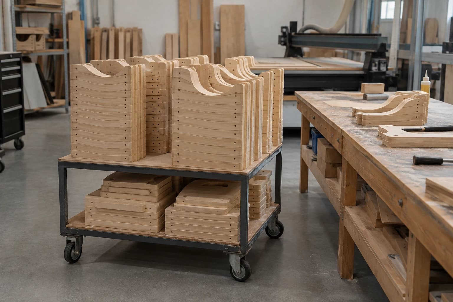 Componentes de madera repetidos y apilados en un carro de producción