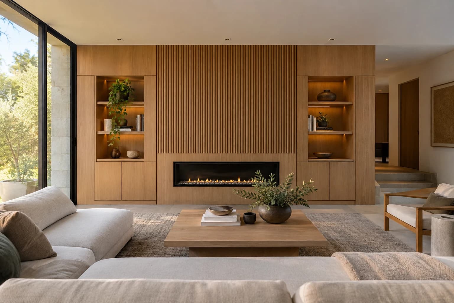 Interior con revestimiento de madera, panel ranurado y muebles integrados