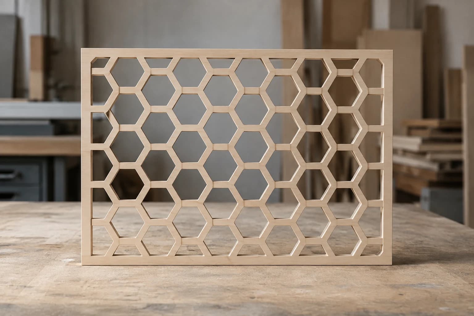 Panel de contrachapado con huecos geométricos hexagonales