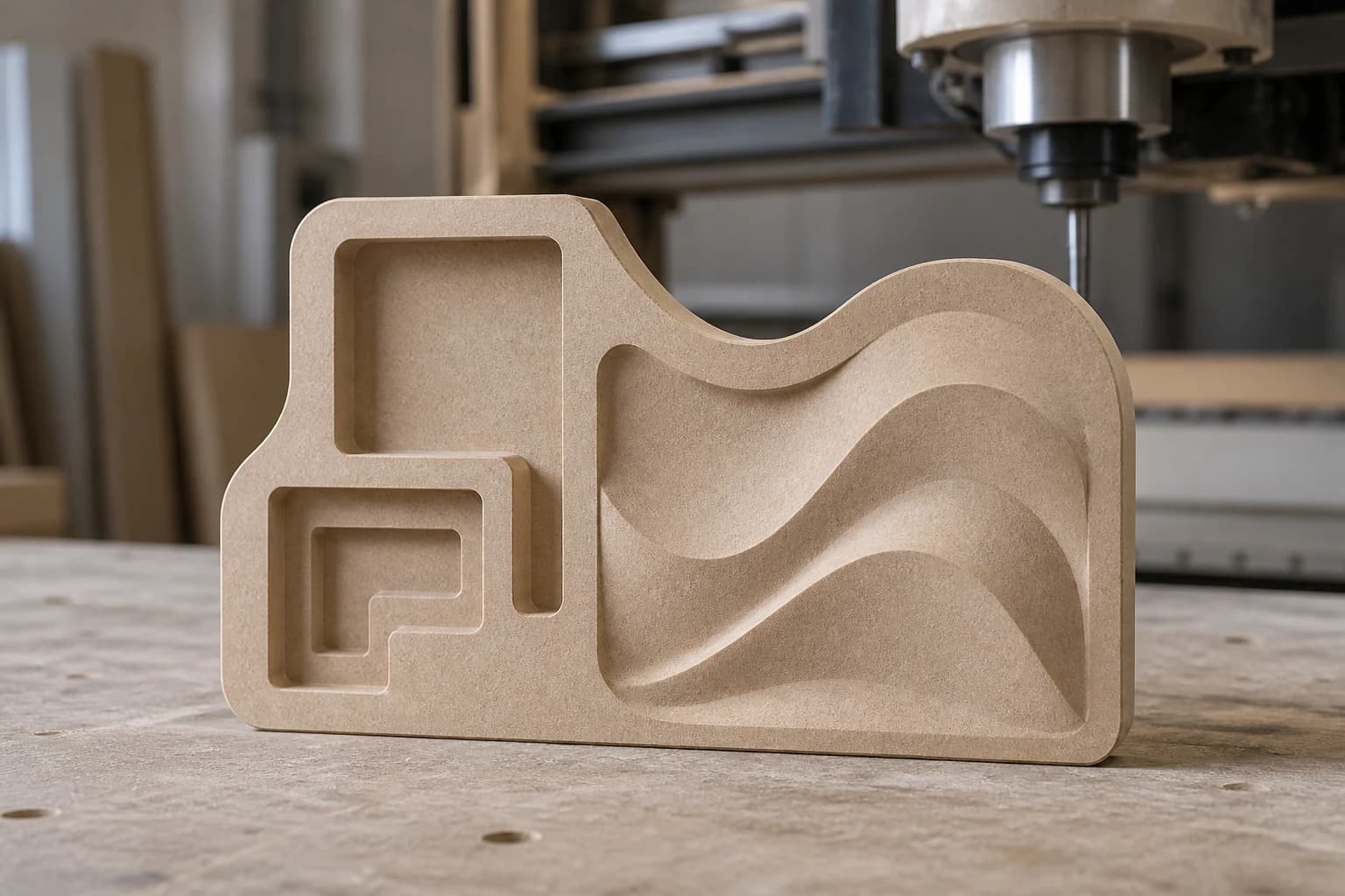 Pieza de MDF con contornos, rebajes y un relieve ondulado