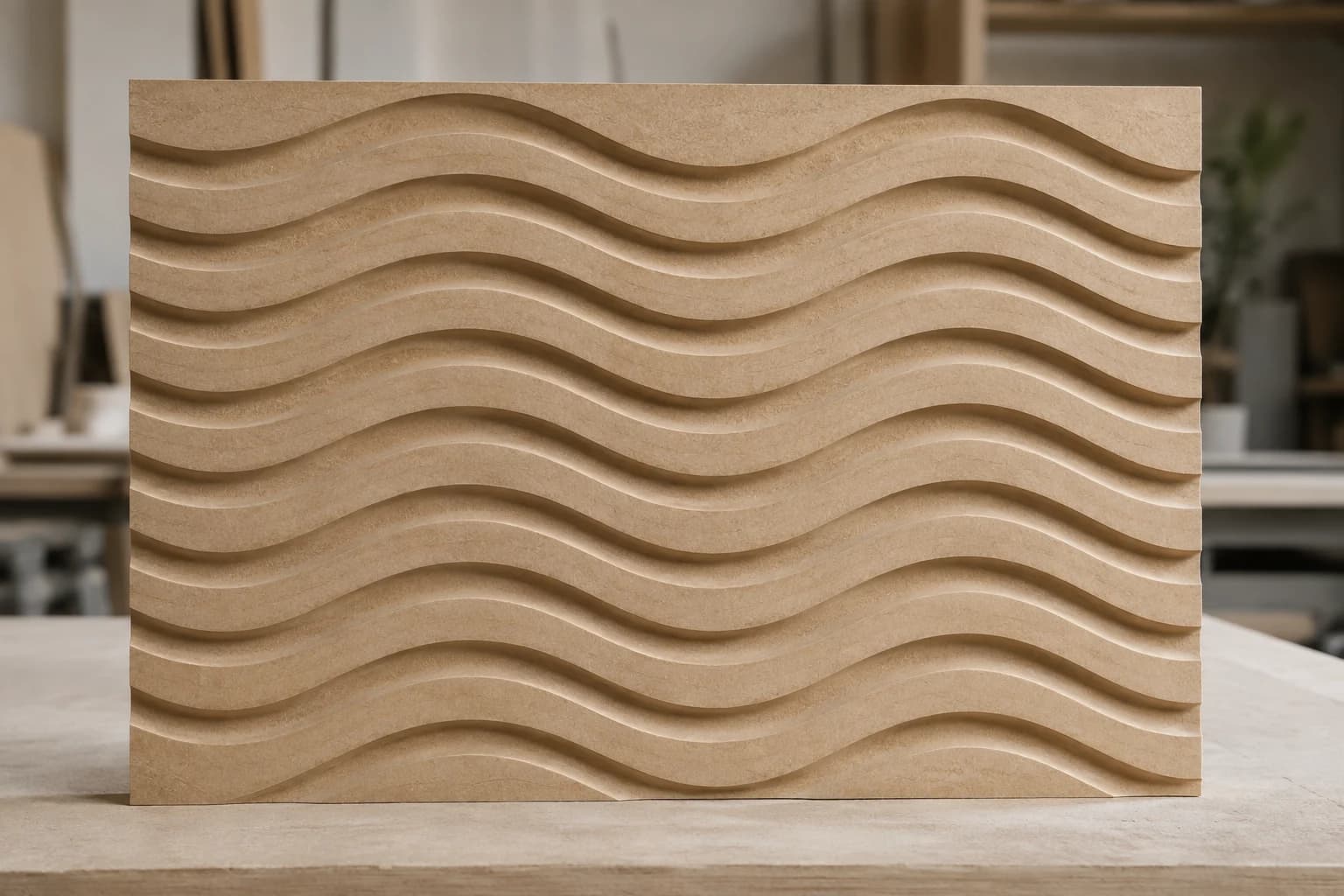 Panel de MDF con un patrón de ondas tallado en su superficie