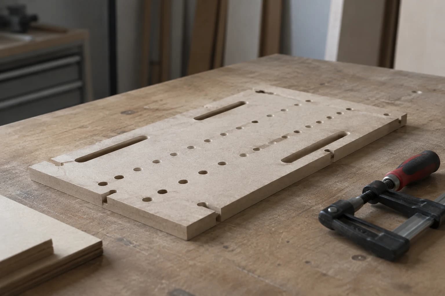 Plantilla de MDF con agujeros y ranuras de guía