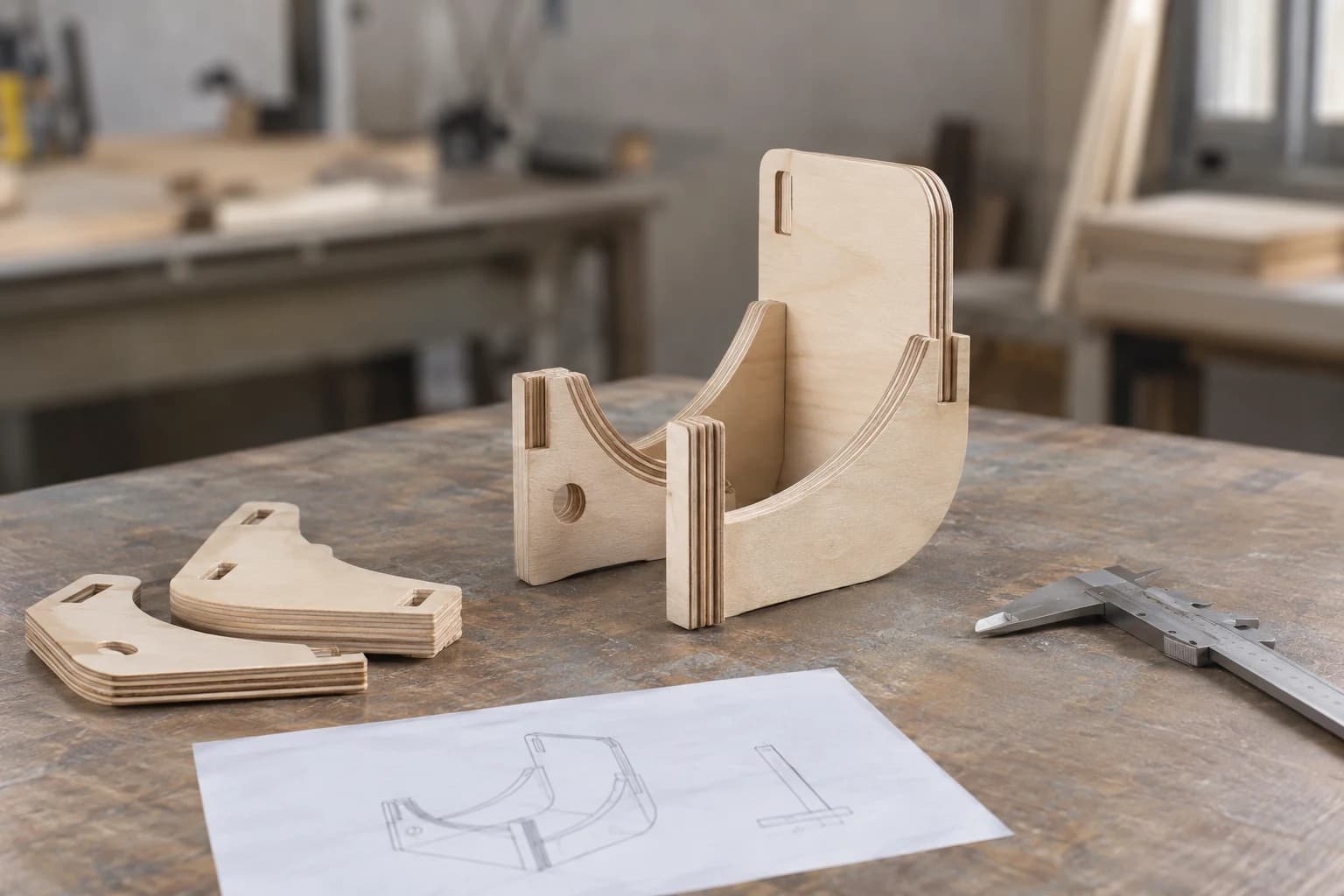 Prototipo de contrachapado con piezas curvas ensambladas